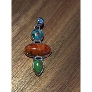 Southwestern Style Pendant 925 Sterling Silver Red Coral Turquoise Lapis 3"